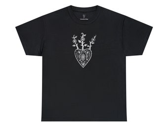 Blossoming Heart Cotton Tee- White Ink on Black