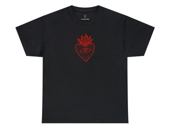 Flaming Heart and Eye Heart Cotton Tee- Red Ink on Black