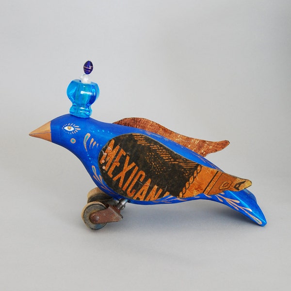 Sapphire Blue Skatebird - Folk Art - Carved and Reclaimed Wood