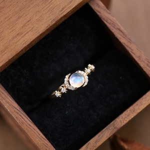 Asymmetric Band Natural Rainbow Moonstone Ring,10K 14K 18K Solid Gold Moonstone Ring,Galaxy Moonstone Promise Ring,Christmas Wedding gift