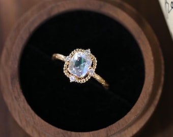 Celestial Rainbow Moonstone Ring–Vintage 14K Gold Four-Pointed Star Design,Cushion Cut Moonstone,Mossanite Accents,Magical Engagement Ring