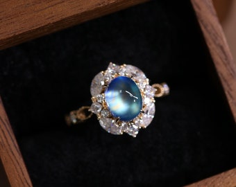 Victorian Vintage Natural Rainbow Moonstone ring,10K 14K 18K Solid Gold Moonstone Color changing Engagement ring, Wedding gift for her wife