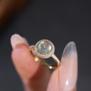 Cabochon White Jade 14K Gold Diamond Ring Jewelry,Vintage Engagement Rings,Untreated Jadeite Everyday Simple Rings,Glassy Species Jade Ring