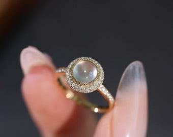 Cabochon weiße Jade 14K Gold Diamant Ring Schmuck, Vintage Verlobungsringe, unbehandelte Jadeit Alltag einfache Ringe, gläserne Arten Jade Ring