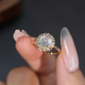 Edelweiss White Jade 18K Gold Diamond Ring Jewelry,Flower Engagement Rings,Untreated Jadeite Everyday Simple Ring,Anniversary Promise Rings