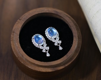 Elegant Vintage High Quality Moonstone Drop Earrings,Blue Glow Moonstone Earrings,Dainty Wedding Bridal Jewelry,9k 14k 18k Moonstone Studs