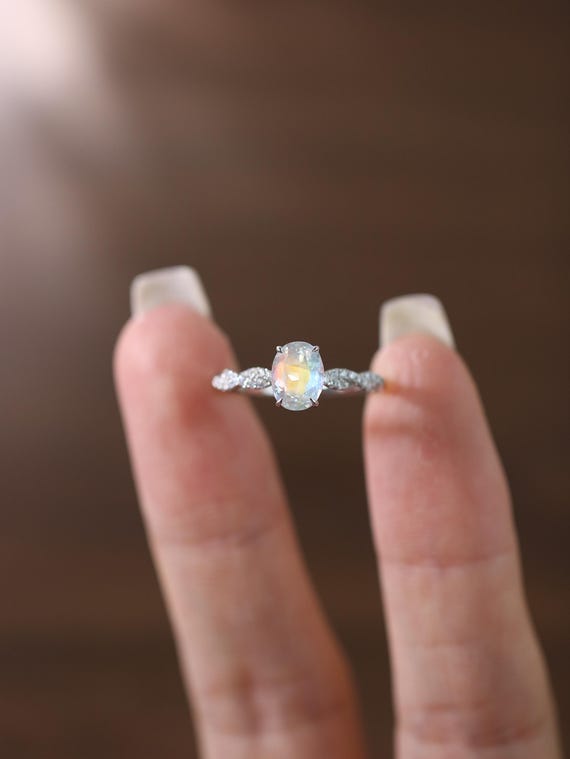 Oval Cut Rainbow Moonstone Twist Engagement Ring,14K Gold Dainty Solitaire Ring,Unique June Birthstone Promise Ring, Wedding gift For Her