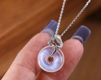 Natural Rainbow Moonstone Amulet Pendant，14K Gold Snake Design Donut Necklace，Dainty Can Be Worn Every Day Spiritual Jewelry Gift For Her