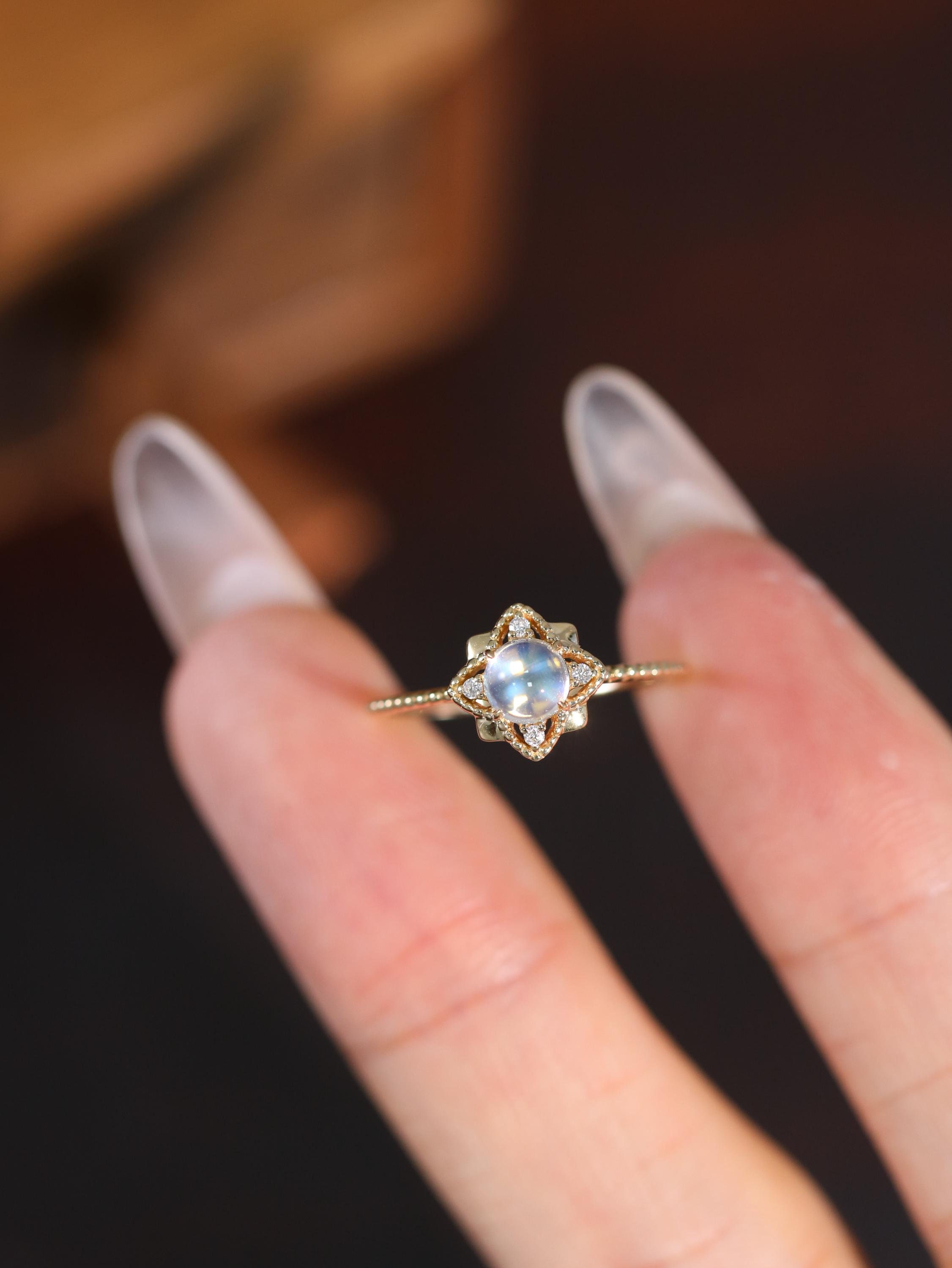 Polar Star Natural Rainbow Moonstone Ring Crescent Moon Engagement Ring, 10K 14K 18K Galaxy Engagement Ring, Dew Band Promise Ring,Christmas