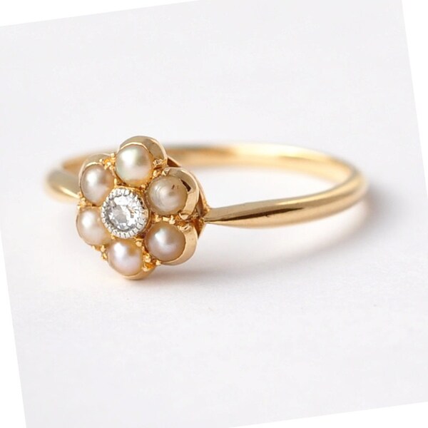 Pearl Engagement Rings: Antique Diamond, Pearls & 18K Gold, Size 6