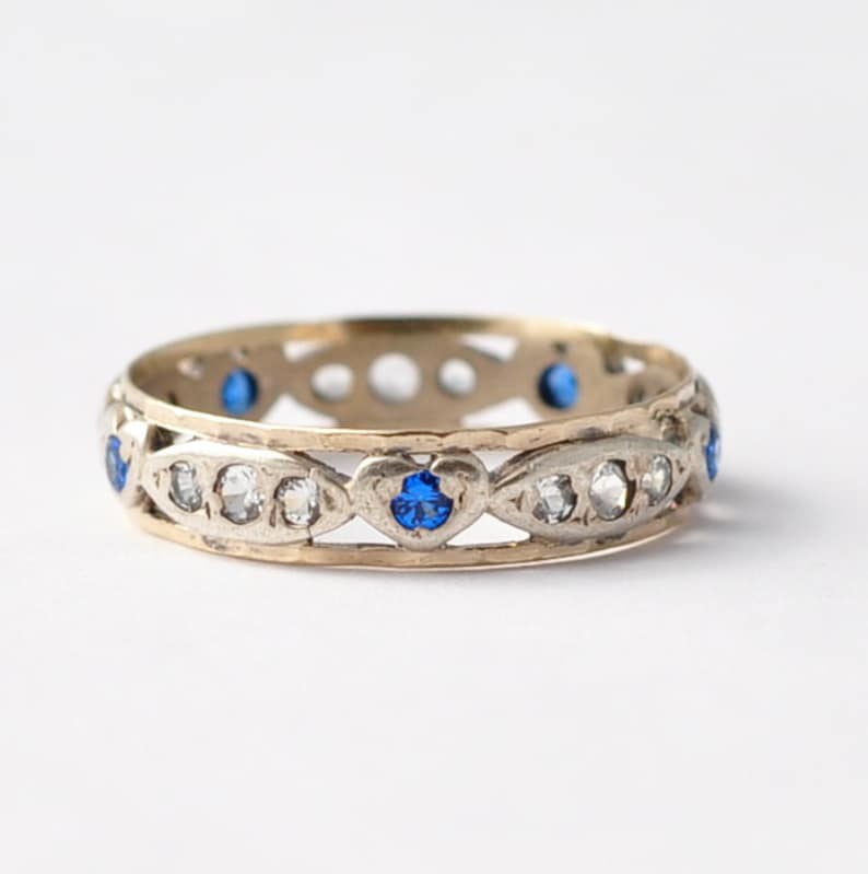 Size 7.75 Diamond Pastes Silver /& 9K Gold Vintage Promise Ring: Heart Shaped Sapphires