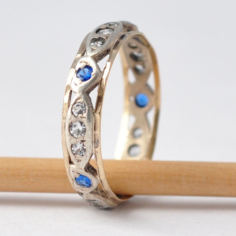 Size 7.75 Diamond Pastes Silver /& 9K Gold Vintage Promise Ring: Heart Shaped Sapphires