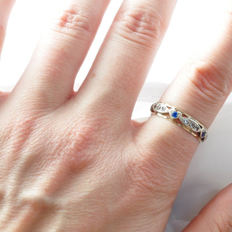 Size 7.75 Diamond Pastes Silver /& 9K Gold Vintage Promise Ring: Heart Shaped Sapphires