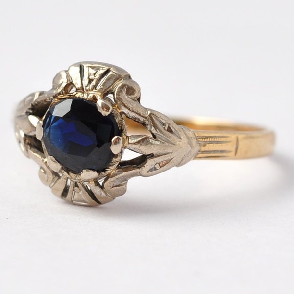 Art Nouveau Sapphire Engagement Ring Solitaire Antique Wedding 18K Gold Silver Size 5 / 5.25