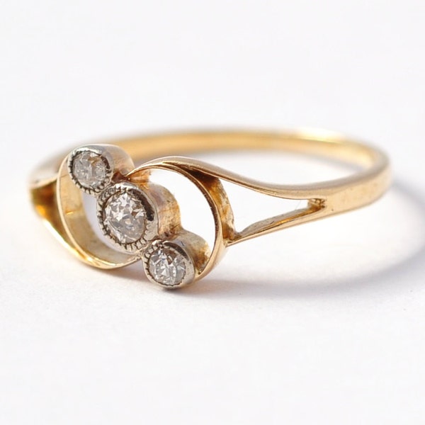 Antique Engagement Ring Edwardian Old Cut Triple Diamond 18K & Platinum Wedding Size 7 / 7.25