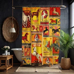 May include: A shower curtain featuring a collage of vintage matchbox label designs with various horse illustrations in red, yellow, and white. The labels include text such as Golden Horse, Race Horse, White Horse, Safety Matches, and Hero in bold fonts.
