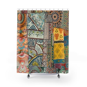 May include: A shower curtain featuring a vibrant patchwork design of various intricate patterns, including floral motifs, geometric shapes, and ornate architectural details in shades of yellow, blue, red, green, and orange with metal rings.