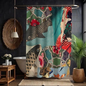 Japanese Koi Shower Curtain | Vintage Inspired Pattern | Asian Zen Nature Bathroom Decor Gift