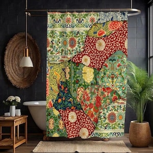 May include: A shower curtain featuring a vibrant patchwork design of various floral and geometric patterns in shades of red, green, yellow, and blue. The fabric displays intricate botanical motifs, scrolling vines, and circular medallions.