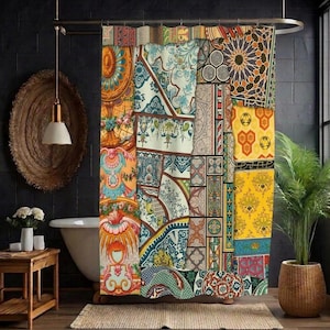 Colorful Tiles Shower Curtain | Moroccan Boho Patterned Bathroom Decor | Vibrant Tile Print Gift