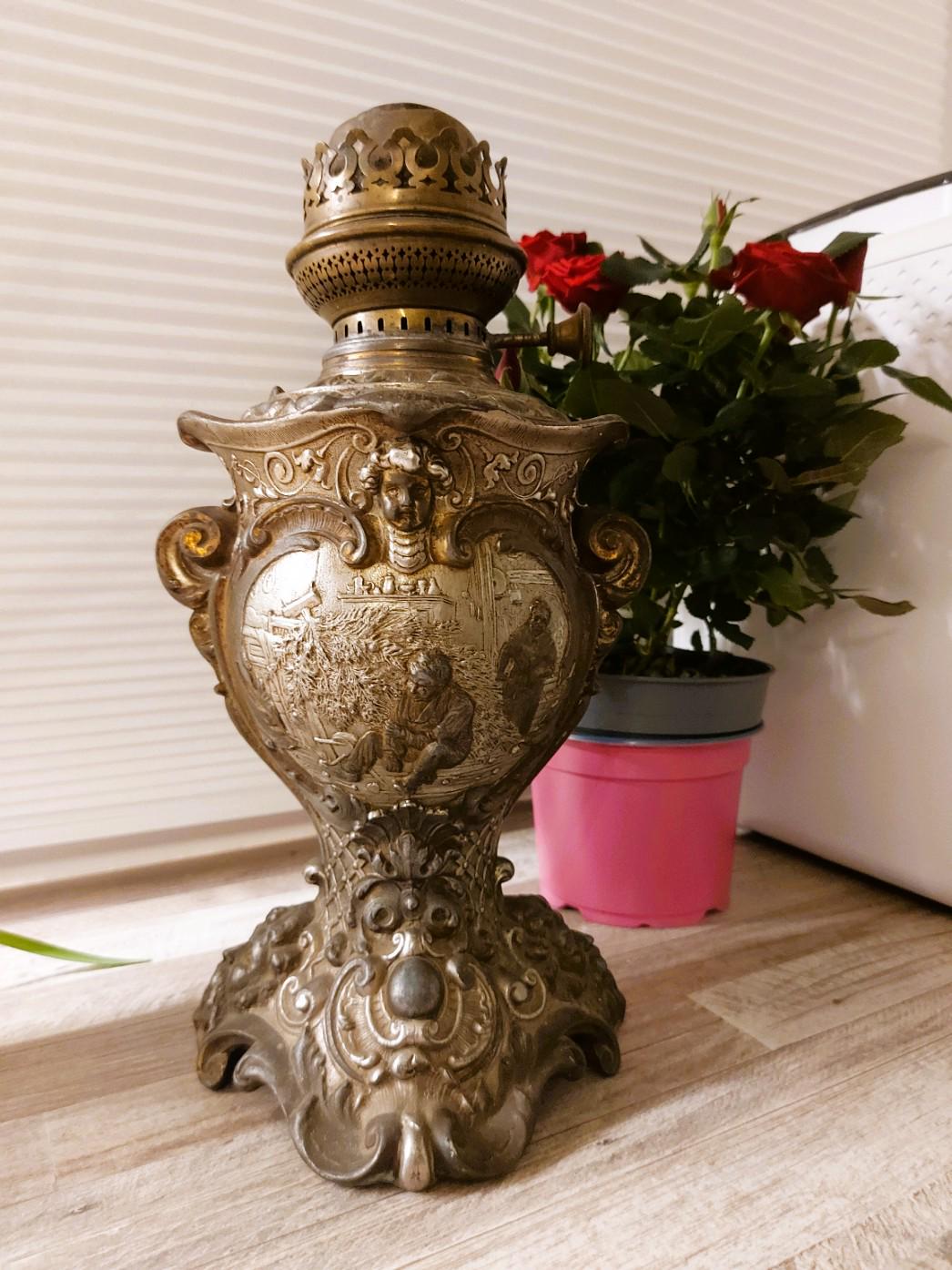 Antique Ornate Brass Kerosene Oil Lamp | Baroque Style Relief | 19th Century Decorative Table Lamp | Vintage Home Decor