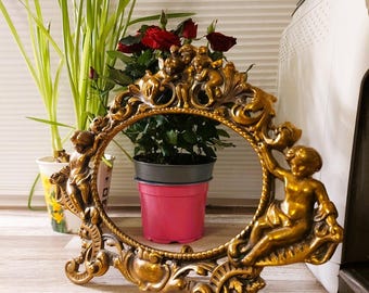 Antique Bronze  Frame | Ornate Oval Table Decor | Romantic Copper Clad Vintage, Home Accent | Rococo Angel Figurine Display