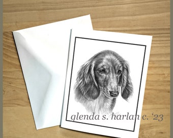 Longhair Dachshund Note Cards Fine Art Drawing Dog Lover Gift Dachsie Mom Stationary - Set of Four or Eight.