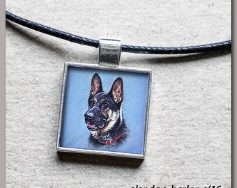 German Shepherd Square Bezel Pendant, Black Adjustable Cord - Dog Art Jewelry, Dog Mom Gift, Gift for Her, German Shepherd Lover