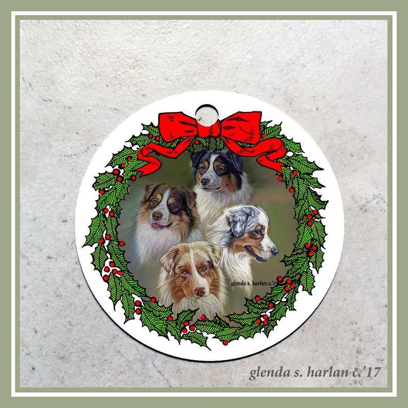 All 4 Colors Christmas Ornament Australian Shepherd Personalization Available! Four Wreath Designs