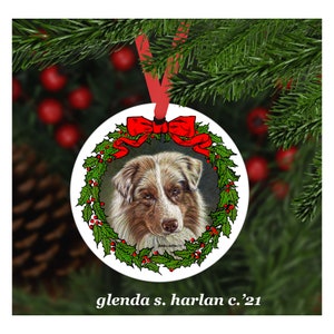 Red Merle Australian Shepherd Christmas Ornament - Four Wreath Designs!