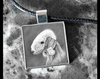 Bedlington Terrier Dog in Silver Square Pendant with Black Adjustable Cord - Dog Jewelry, Bedlington Dog Lover Gift, Dog Mom, Gift for Her