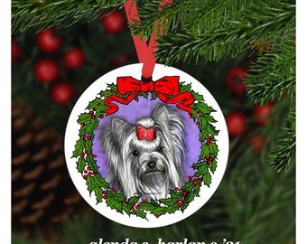 Yorkie Terrier Dog Christmas Ornament - Four Wreath Designs - Personalization Available!