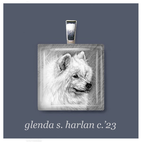 Samoyed Dog Drawing Glass Pendant - Dog Jewelry, Dog Mom Gift, Dog Gift for Her, Samoyed Lover Gift, Dog Charm