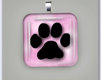 Dog Paw with Marbled Background Glass Pendant - Free Shipping ***
