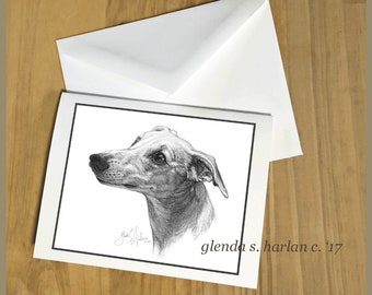 May include: A black and white pencil drawing of a Whippet dog's head, looking to the right. The drawing is signed "Glenda S. Harlan C. '17".
