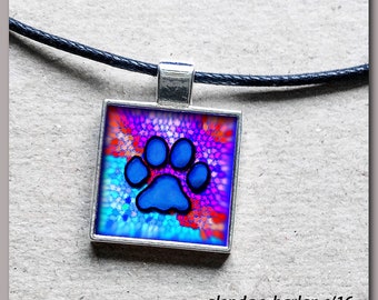 Blue Paw Pendant with Multicolored Background in a Silver Square Bezel, Black Adjustable Cord - Dog Jewelry, Dog Mom Gift, Dog Lover