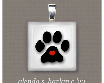 Black Paw with Red Heart on White Background on a Glass Pendant, Jewelry, Dog Mom Gift, Dog Memorial Gift, Dog Lover Gift