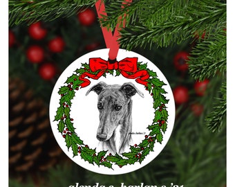 Greyhound Dog Christmas Ornament - Four Wreath Designs!