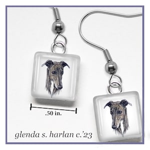Greyhound glas oorbellen Fine Art tekening hond minnaar cadeau Greyhound sieraden