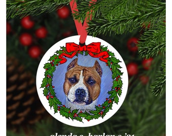 American Staffordshire Terrier Christmas Ornament - Four Wreath Designs - Personalization Available!