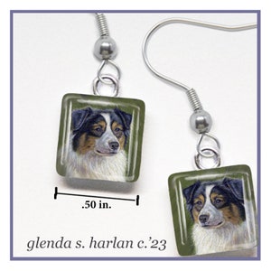 Black Tri Australian Shepherd Glass Earrings Fine Art Drawing Dog Lover Gift Aussie Dog Mom Jewelry