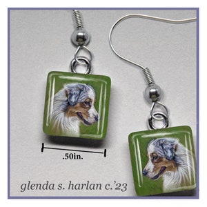 Australian Shepherd Blue Merle Glass Earrings Fine Art Drawing Dog Lover Gift Aussie Mom Jewelry