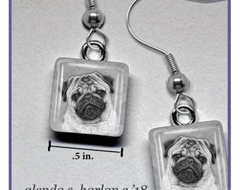 Fawn Pug on Glass Earrings Fine Art Drawing Dog Lover Gift Pug Mom Jewelry