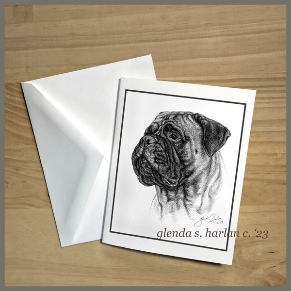 Bullmastiff Dog Note Cards Fine Art Drawing Dog Lover Gift Mastiff Stationary - Set of Four or Eight.
