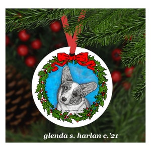 Blue Merle Welsh Corgi Dog Christmas Ornament - Vier kransontwerpen - Personalisatie beschikbaar!