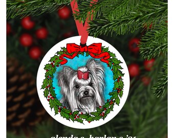 Yorkie Terrier Dog Christmas Ornament - Four Wreath Designs - Personalization Available!