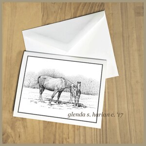 Jument et poulain cartes de correspondance cheval Fine Art dessin cadeau amoureux des chevaux - ensemble de quatre ou huit.