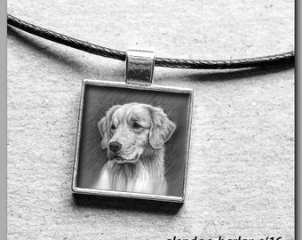 Golden Retriever Dog Pendant, Square Silver Bezel with a Black Adjustable Cord - Dog Art Jewelry, Dog Mom Gift, Dog Lover