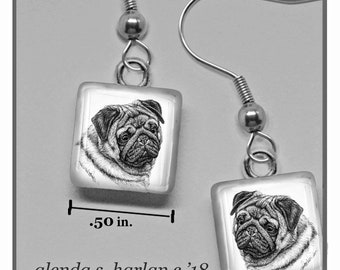 Fawn Pug Glass Earrings Fine Art Drawing Dog Lover Gift Pug Dog Mom Jewelry