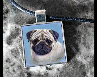 Pug Dog in Square Pendant, Black Adjustable Cord - Dog Art Jewelry, Pug Lover Gift, Dog Mom, Gift for Her, Dog Charm